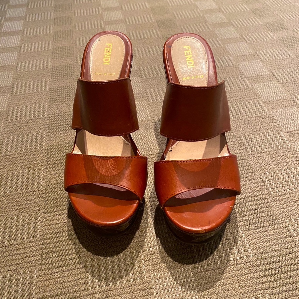 FENDI Camel Brown Leather Platform Wedges